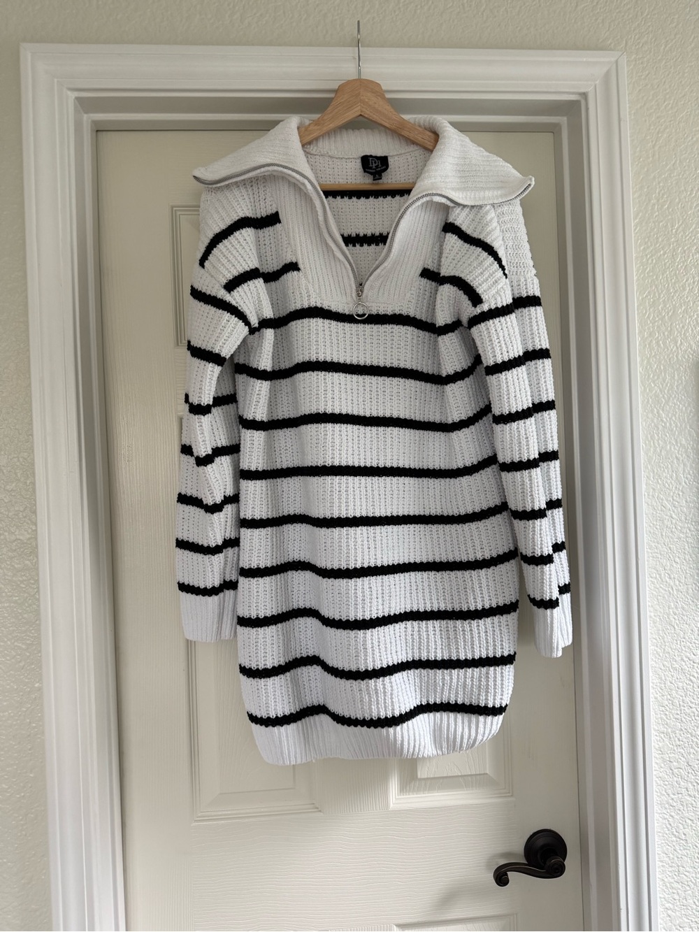Derek Heart White and Black Striped Half-Zip Turtleneck Sweater